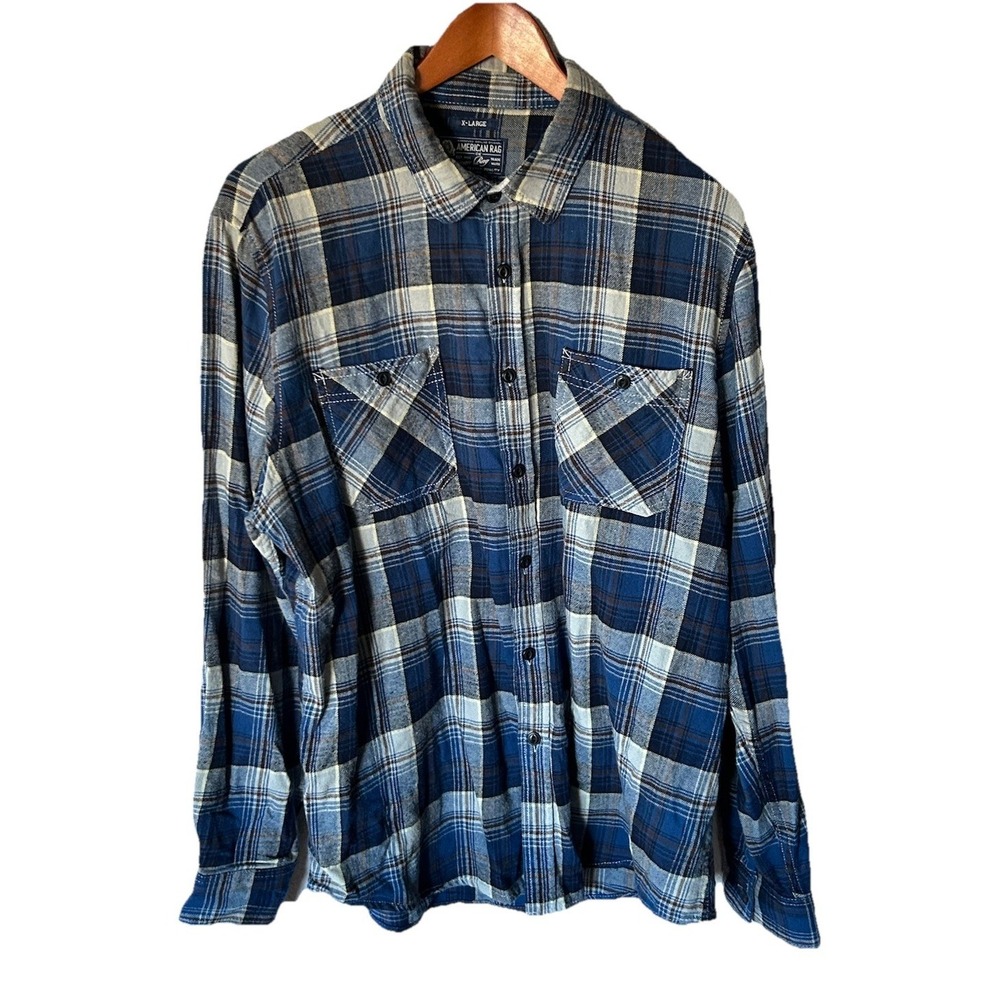 American Rag Mens XL Blue White Plaid Flannel Cotton Button Up Long Sleeve Shirt